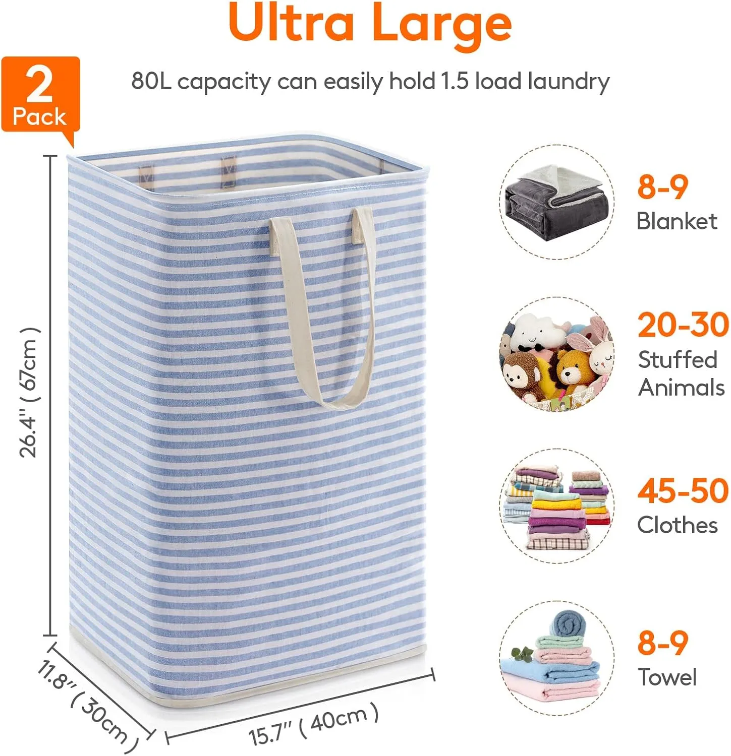 Lifewit 2 Pack Laundry Hamper Large Collapsible Laundry Baskets, Freestanding Waterproof Clothes Hamper with Easy Carry Handles in Laundry Room Bedroom Bathroom College Dorm for Adults, Blue, 2 x 80L