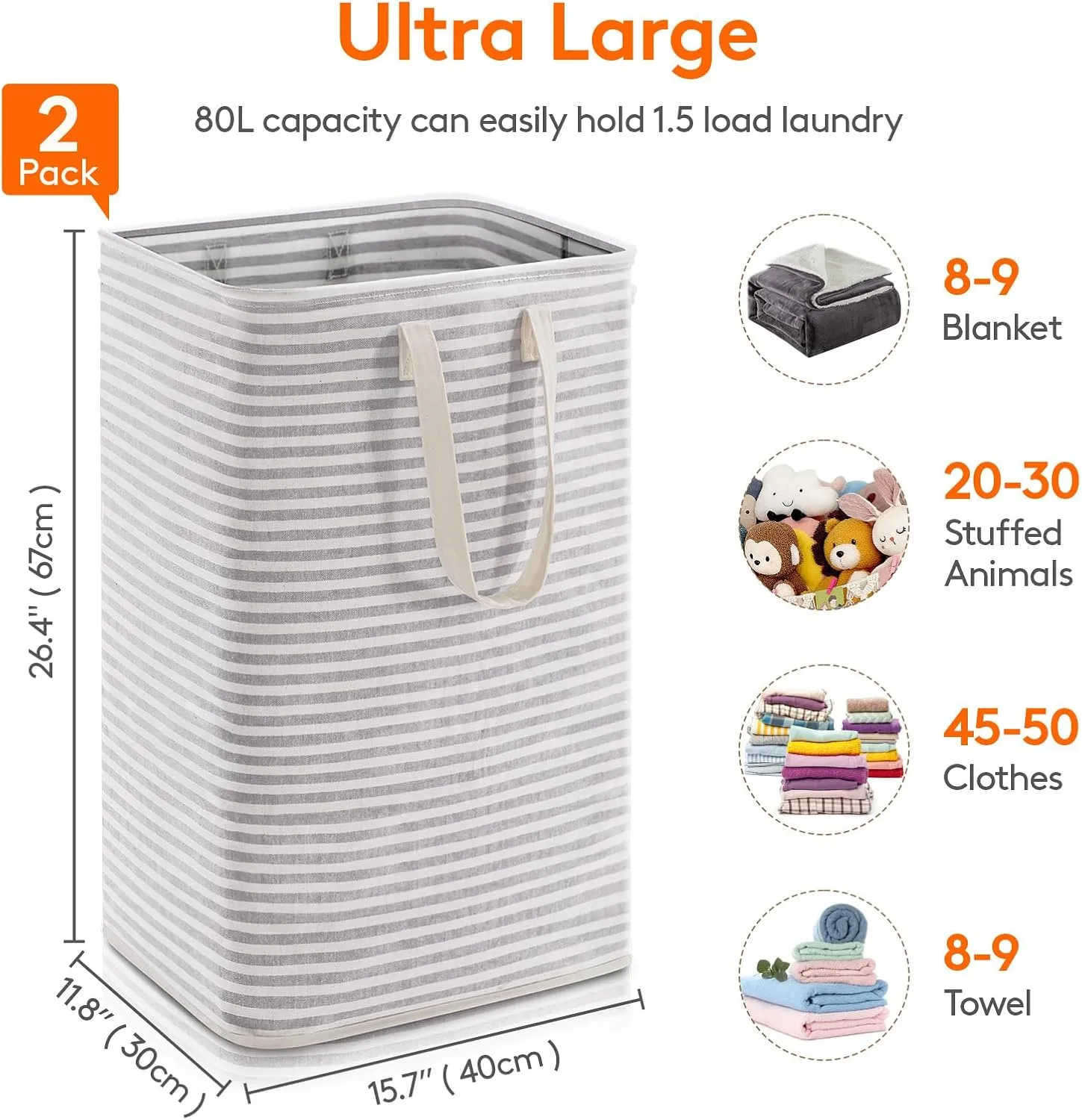 Lifewit 2 Pack Laundry Hamper Large Collapsible Laundry Baskets, Freestanding Waterproof Clothes Hamper with Easy Carry Handles in Laundry Room Bedroom Bathroom College Dorm for Adults, Grey, 2 x 80L