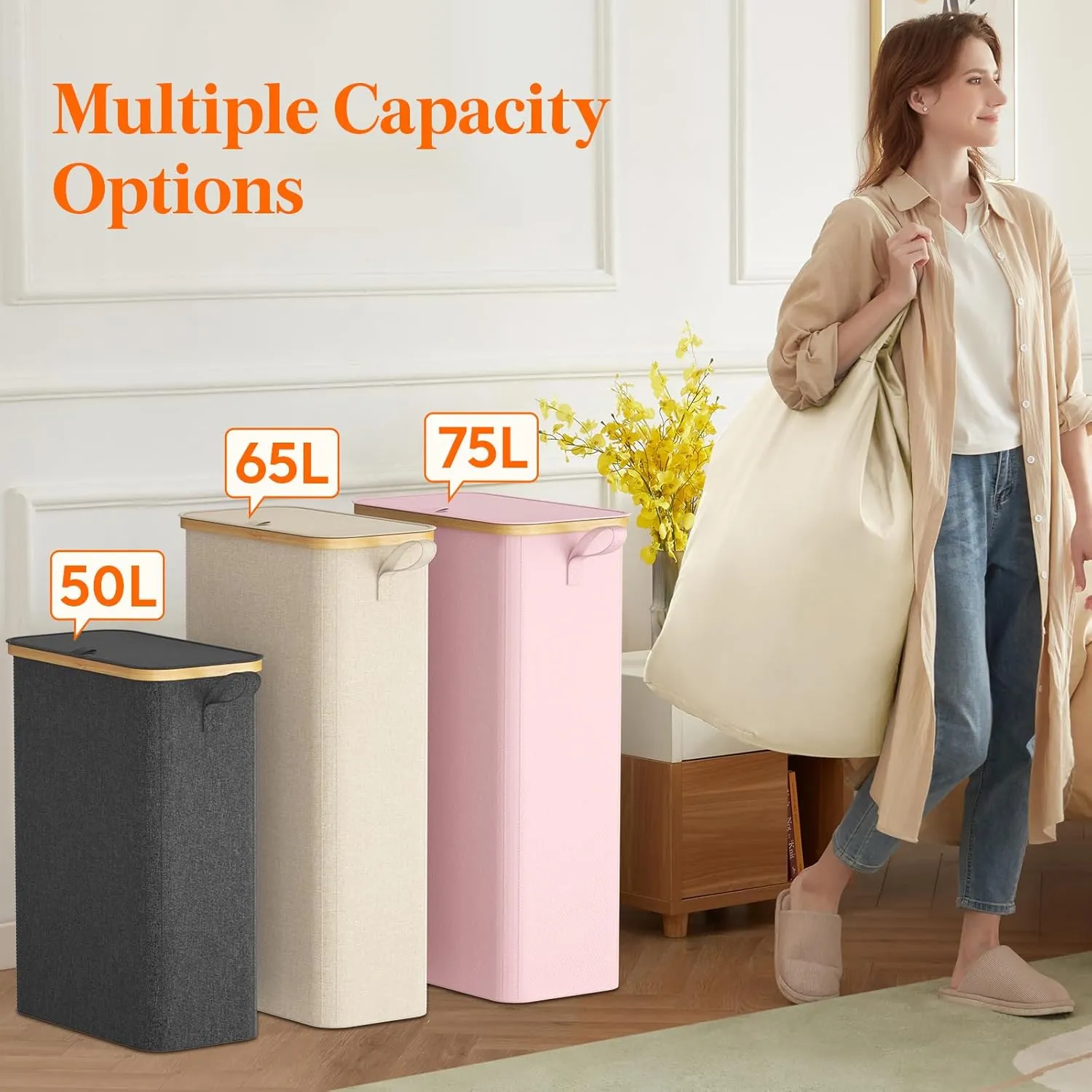 Lifewit 65L Slim Laundry Hamper with Lid, Narrow Laundry Basket with Removable Bag & Bamboo Handles, Fodable Thin Dirty Clothes Hamper for Laundry Collapsible Bin for Bathroom Bedroom Dorm, Beige