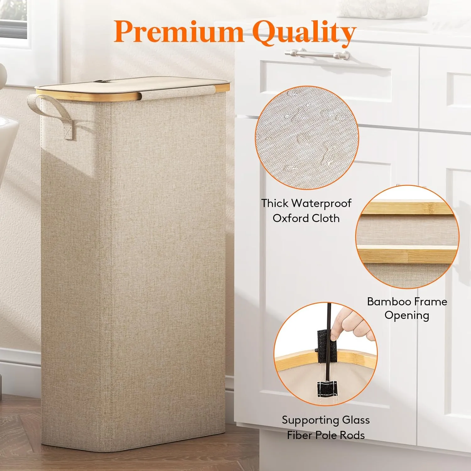 Lifewit 65L Slim Laundry Hamper with Lid, Narrow Laundry Basket with Removable Bag & Bamboo Handles, Fodable Thin Dirty Clothes Hamper for Laundry Collapsible Bin for Bathroom Bedroom Dorm, Beige