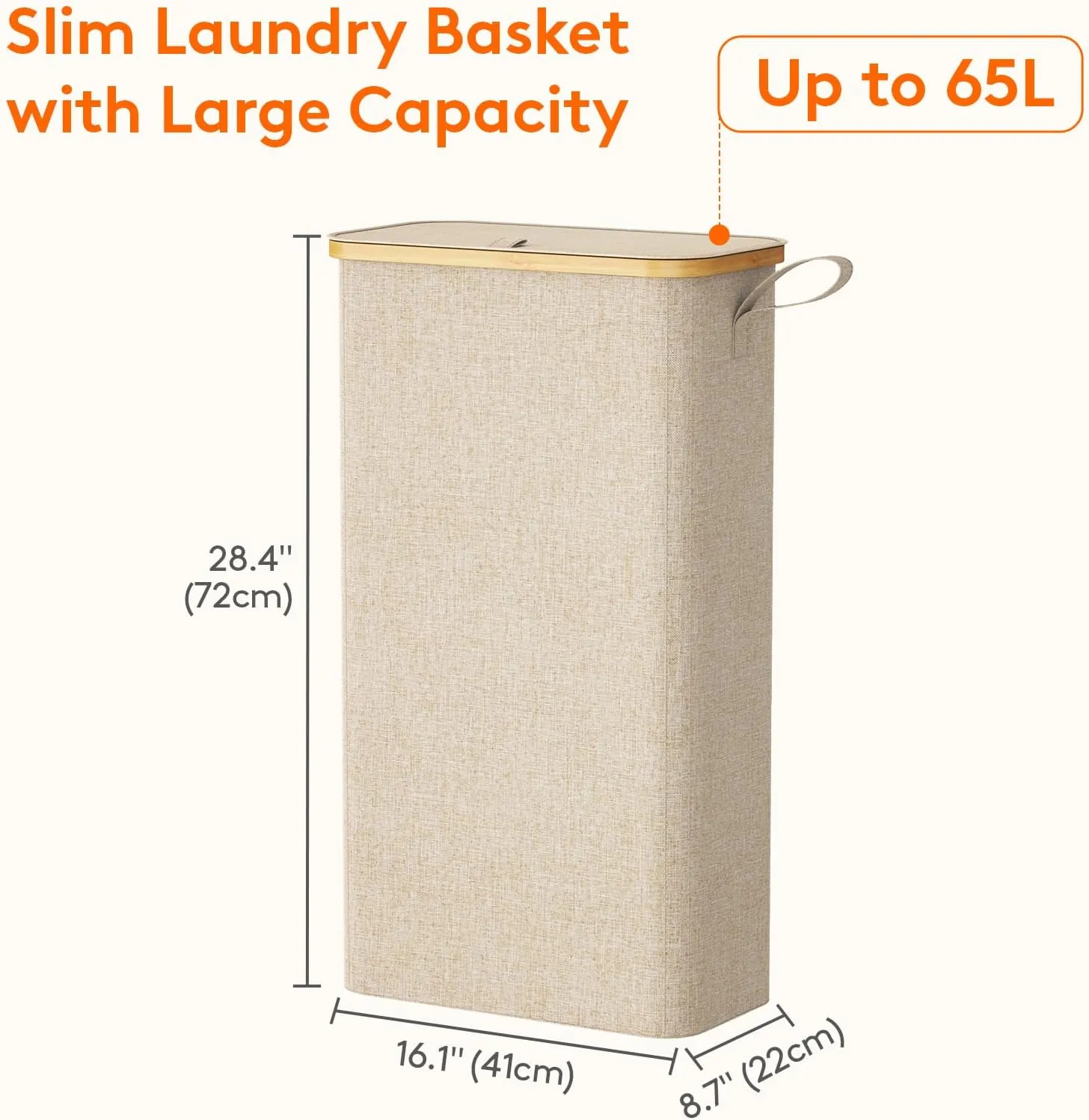 Lifewit 65L Slim Laundry Hamper with Lid, Narrow Laundry Basket with Removable Bag & Bamboo Handles, Fodable Thin Dirty Clothes Hamper for Laundry Collapsible Bin for Bathroom Bedroom Dorm, Beige