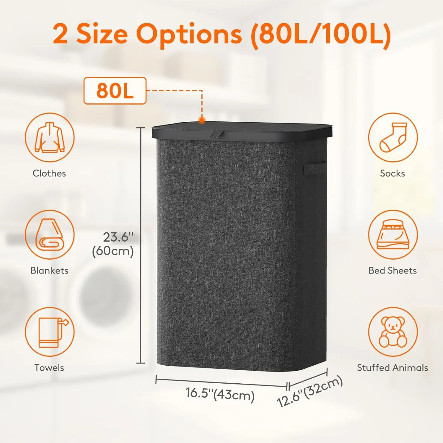 Lifewit 80L Laundry Basket with Lid, Large Laundry Hamper with Plastic Handles and Removable Bag, Foldable Tall Dirty Clothes Hampers for Laundry for Laundry Room, Bedroom, Bathroom, Dorm, Dark Gray