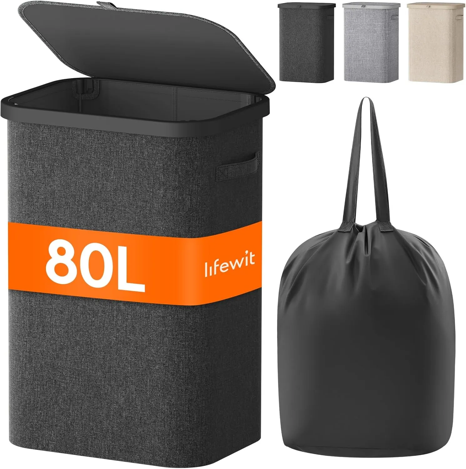 Lifewit 80L Laundry Basket with Lid, Large Laundry Hamper with Plastic Handles and Removable Bag, Foldable Tall Dirty Clothes Hampers for Laundry for Laundry Room, Bedroom, Bathroom, Dorm, Dark Gray