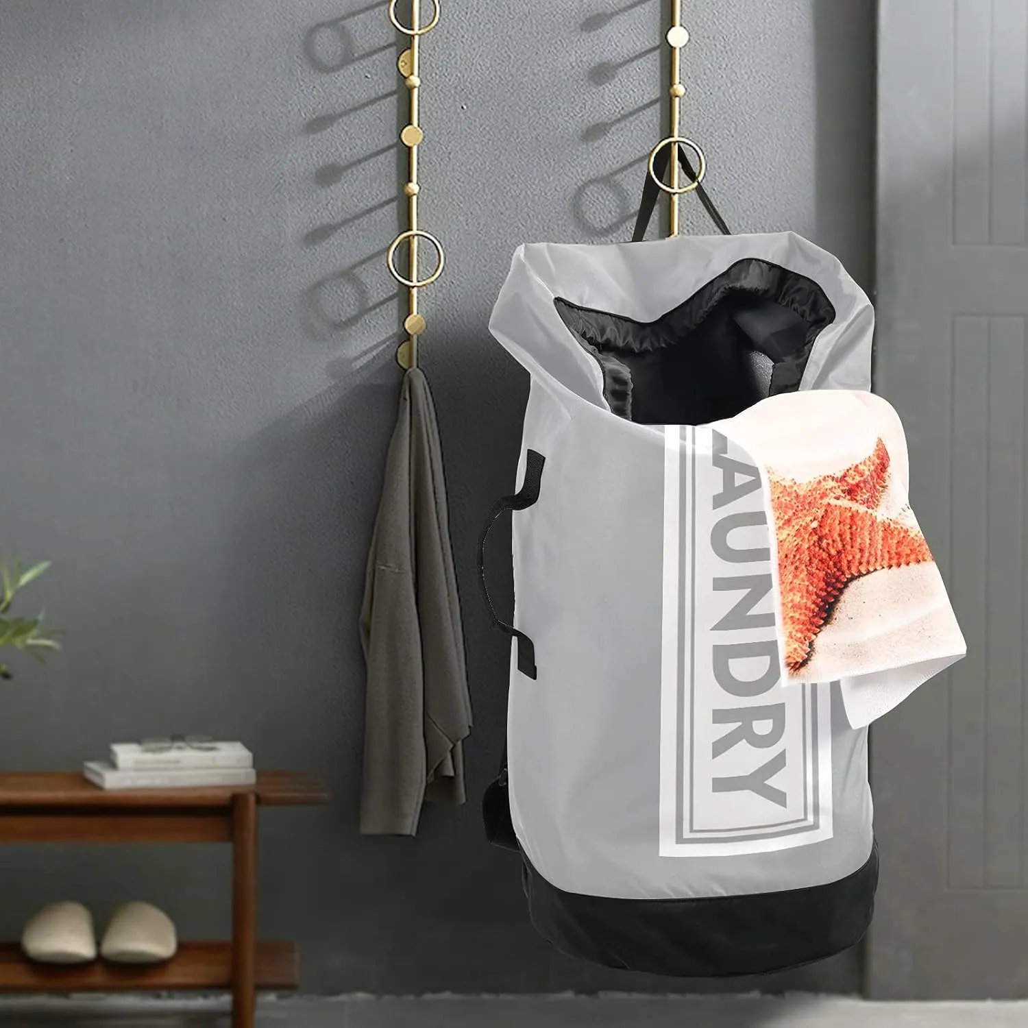Light Grey Laundry Backpack Large Heavy Duty Laundry Bag for College Students Laundry bag with Shoulder Straps Dirty Clothes Organizer for Traveling Waterproof
