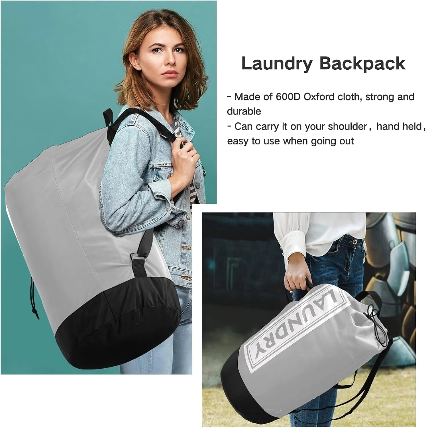 Light Grey Laundry Backpack Large Heavy Duty Laundry Bag for College Students Laundry bag with Shoulder Straps Dirty Clothes Organizer for Traveling Waterproof