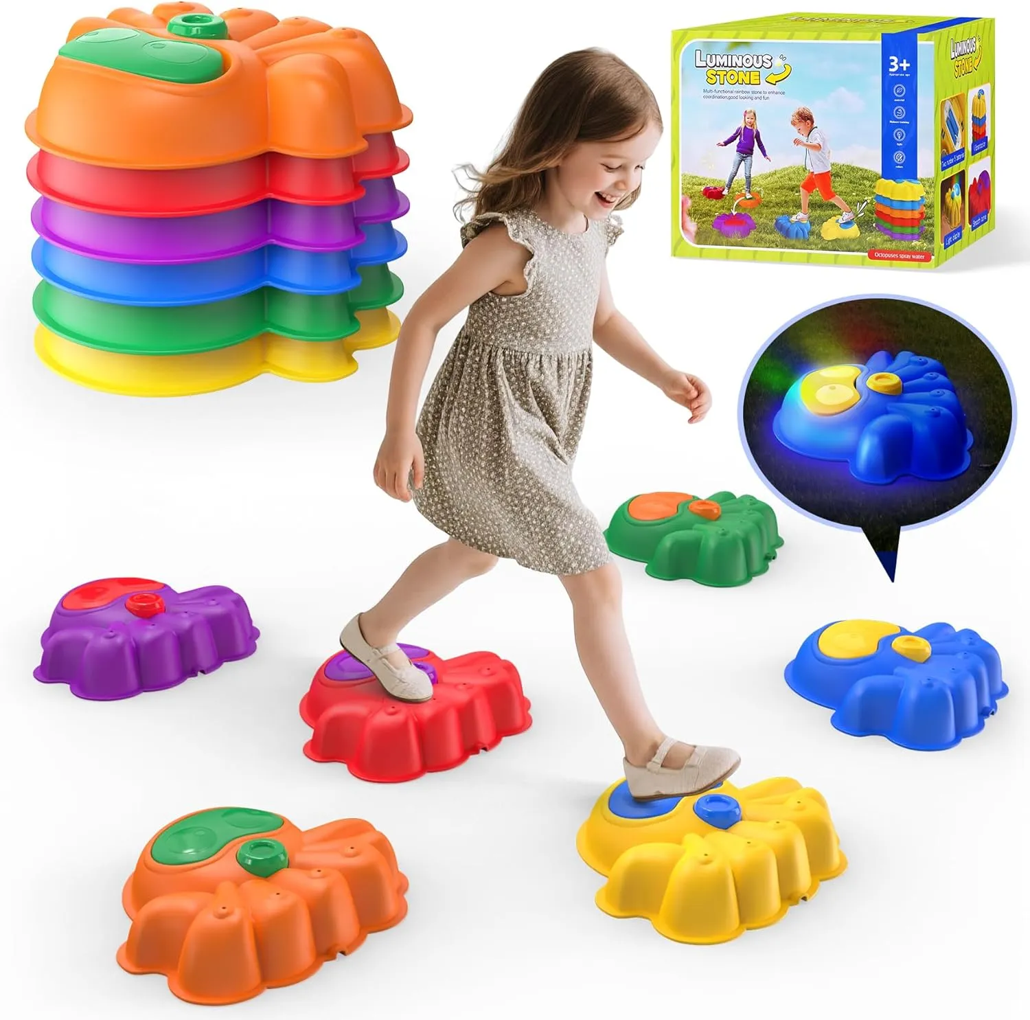 Light Up Stepping Stones for Kids, 6 Pcs Durable Non-Slip Toddler Stepping Stones, Indoor/Outdoor Games Toys for Kids, Obstacle Course for Kids 3 4 5 6 Years Old