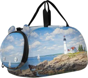 Lighthouse on Beach Duffle Bag for Girl, Sports Duffle Gym Bags with Shoe Compartment, Personalized Overnight Bag Travel Weekender for Kids