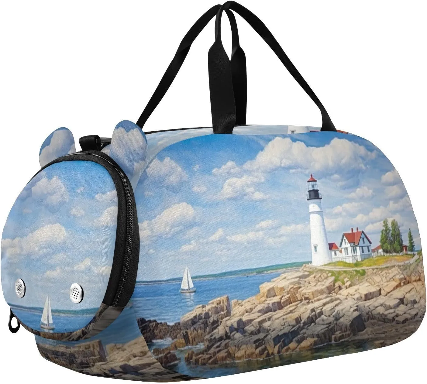 Lighthouse on Beach Duffle Bag for Girl, Sports Duffle Gym Bags with Shoe Compartment, Personalized Overnight Bag Travel Weekender for Kids