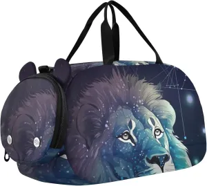 Linear Lion Blue Duffle Bag for Girl, Sports Duffle Gym Bags with Shoe Compartment, Personalized Overnight Bag Travel Weekender for Kids