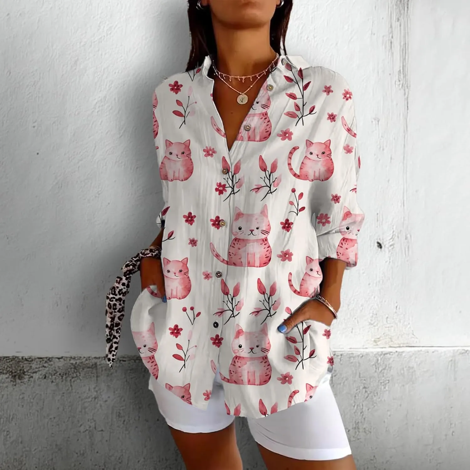 Linen Long Sleeve Shirt Women Bohemian Cool Graphic V Neck Collar Three-Quarter Sleeve Oversized Blouses