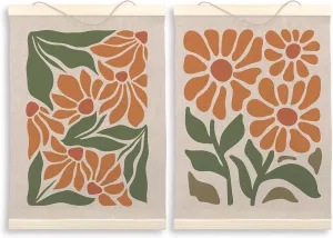 LKETW Orange Bohemia Abstract Flower Poster Hanger Frame Set of 2, 12x16 Inch, Botanical Plant Print Wall Art with Wooden Frames, Mid Century Hanging Banner for Preppy Room Decor