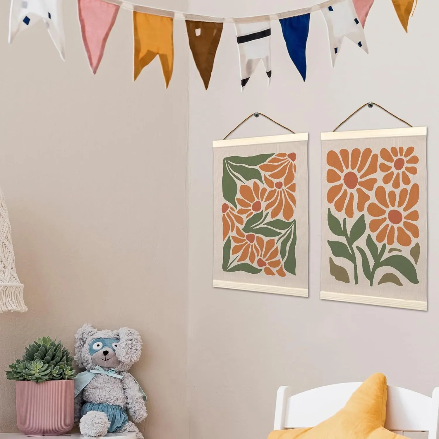 LKETW Orange Bohemia Abstract Flower Poster Hanger Frame Set of 2, 12x16 Inch, Botanical Plant Print Wall Art with Wooden Frames, Mid Century Hanging Banner for Preppy Room Decor