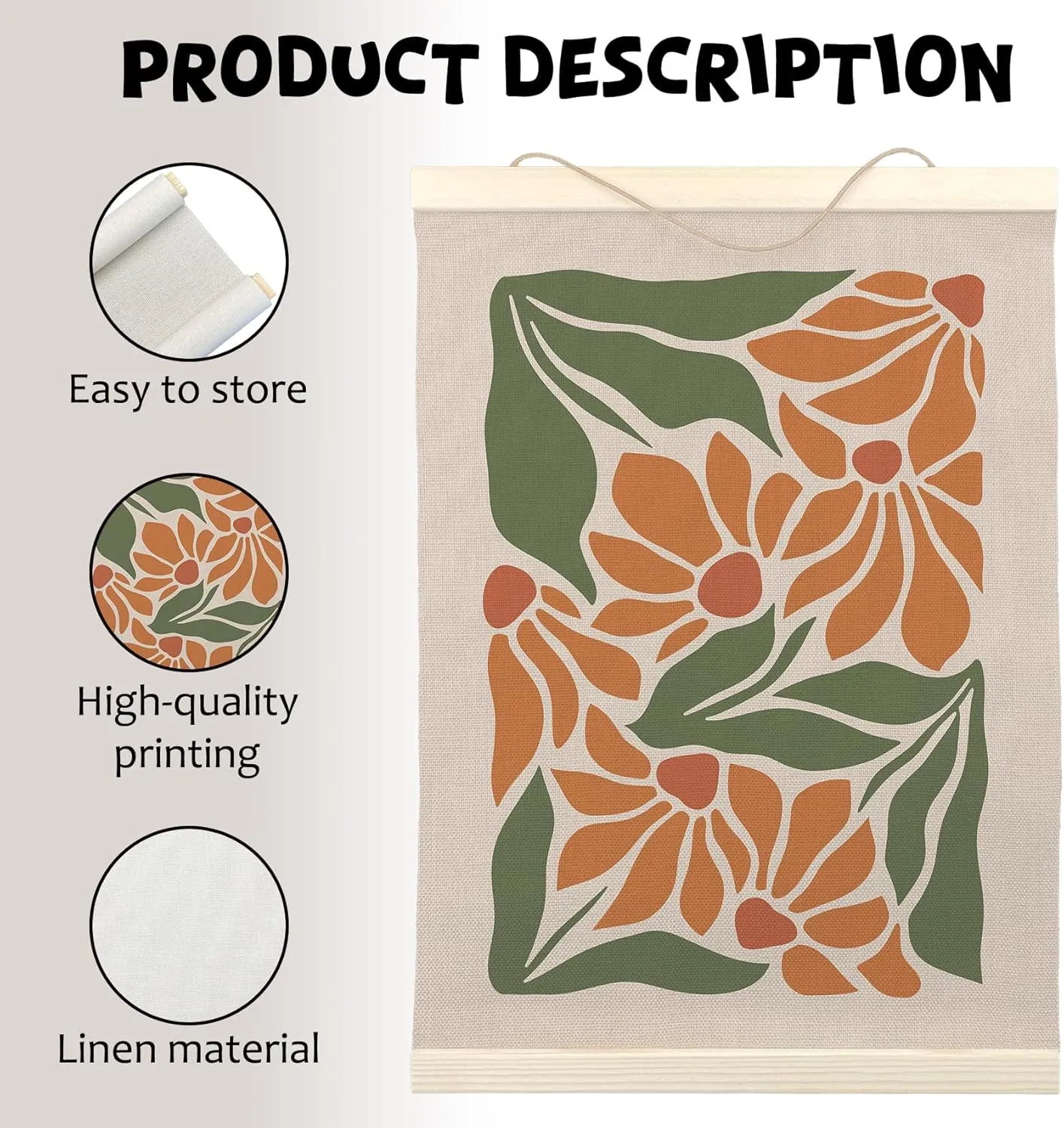 LKETW Orange Bohemia Abstract Flower Poster Hanger Frame Set of 2, 12x16 Inch, Botanical Plant Print Wall Art with Wooden Frames, Mid Century Hanging Banner for Preppy Room Decor
