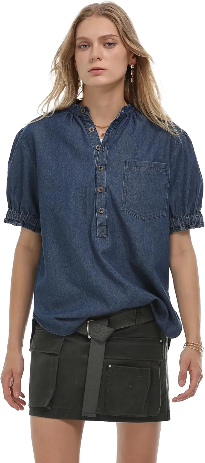 Locachy Women's Half Button Mock Neck Denim Shirt Casual Puff Short Sleeve Denim Blouse Top
