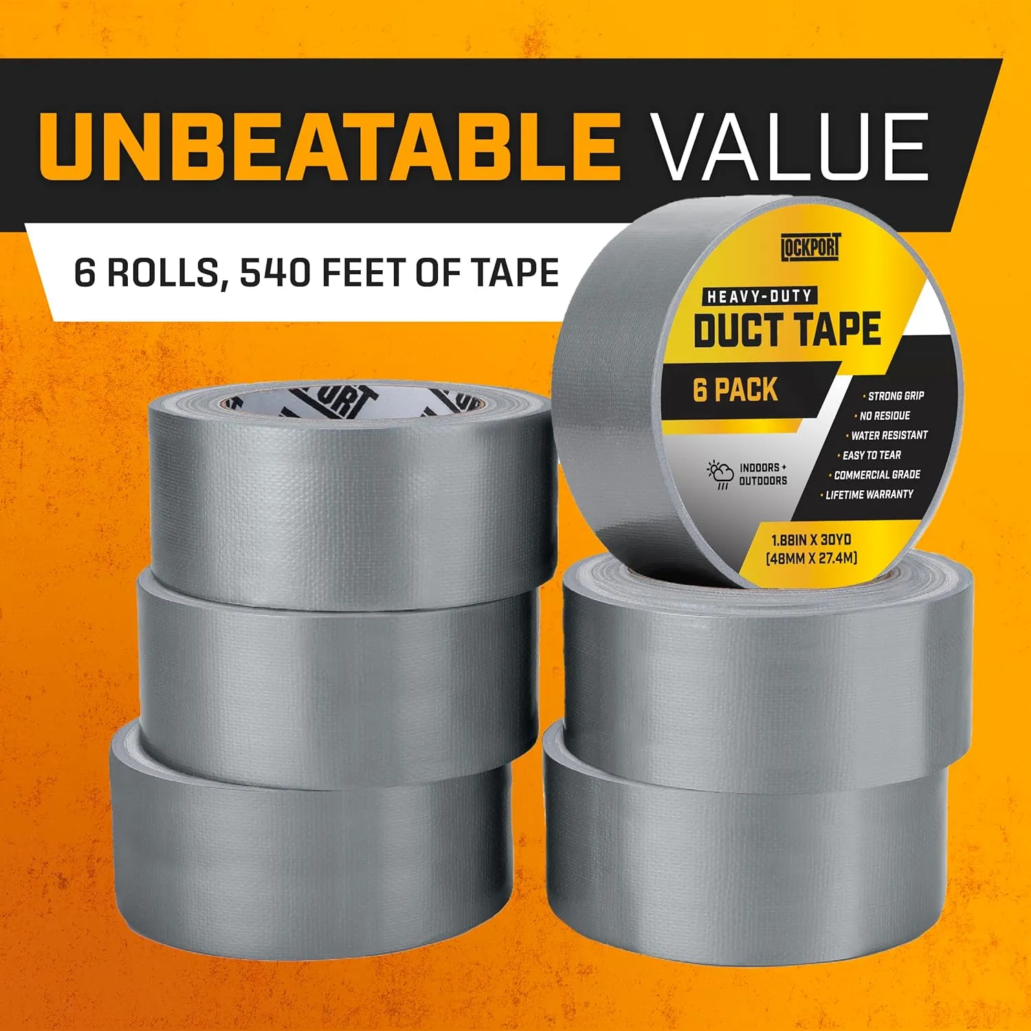 Lockport Silver Duct Tape - 6 Roll Multi Pack - 90 feet x 2 Inch - Strong Duct Tape Heavy Duty - Waterproof - No Residue - Bulk Value - Easy Tear - Industrial Use - DIY Home Repair