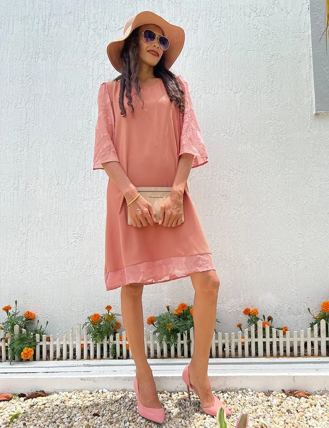 LookbookStore 3/4 Sleeve Dress for Women Shift Cute Summer Tunic Floral Lace Dresses