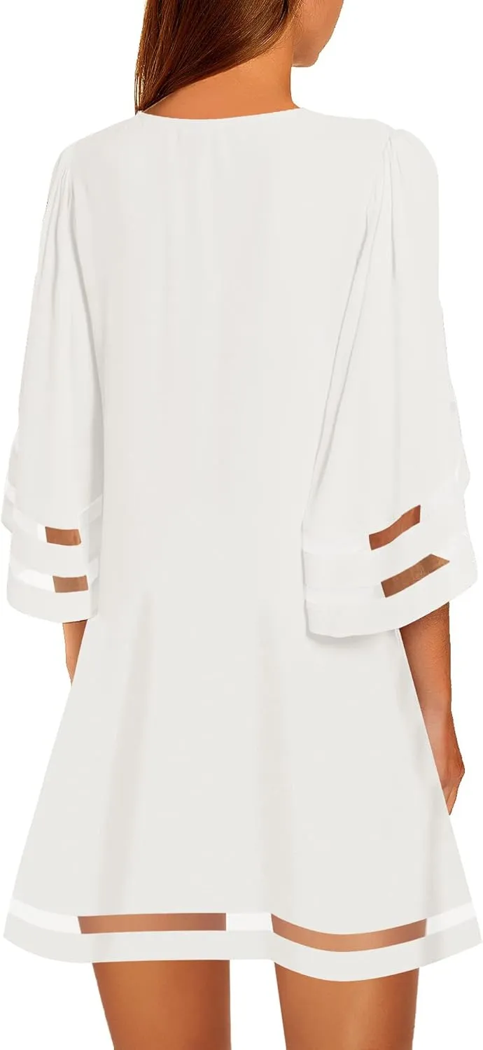 LookbookStore Women Casual Crewneck Mesh Panel 3/4 Bell Sleeve Loose Tunic Dress