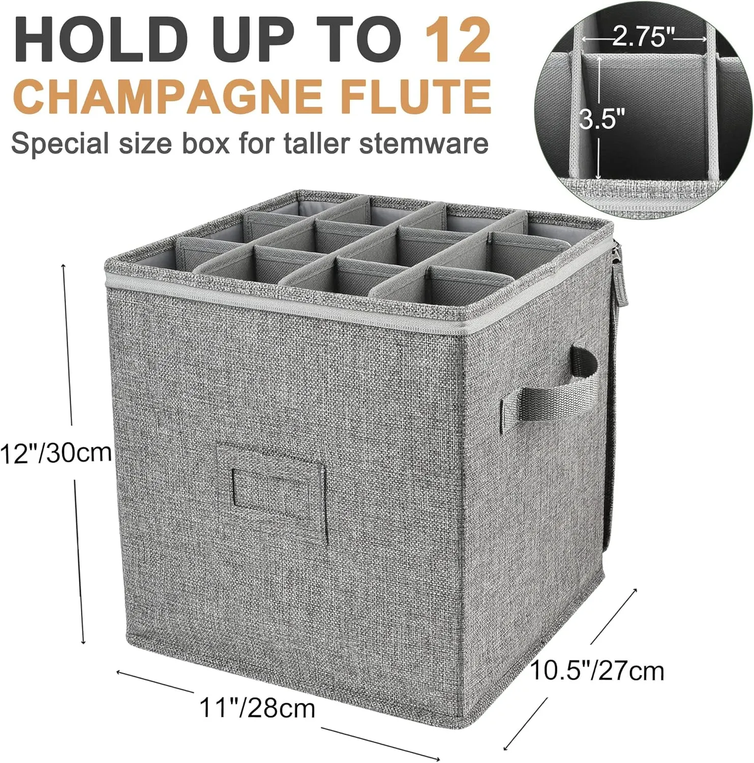 LotFancy Champagne Flute Storage Container, Hard Shell, Stackable, 12" Tall Wine Glass Storage Box with Dividers & Handles, Stemware, Crystal Glassware, Drinkware Case for Moving, Grey