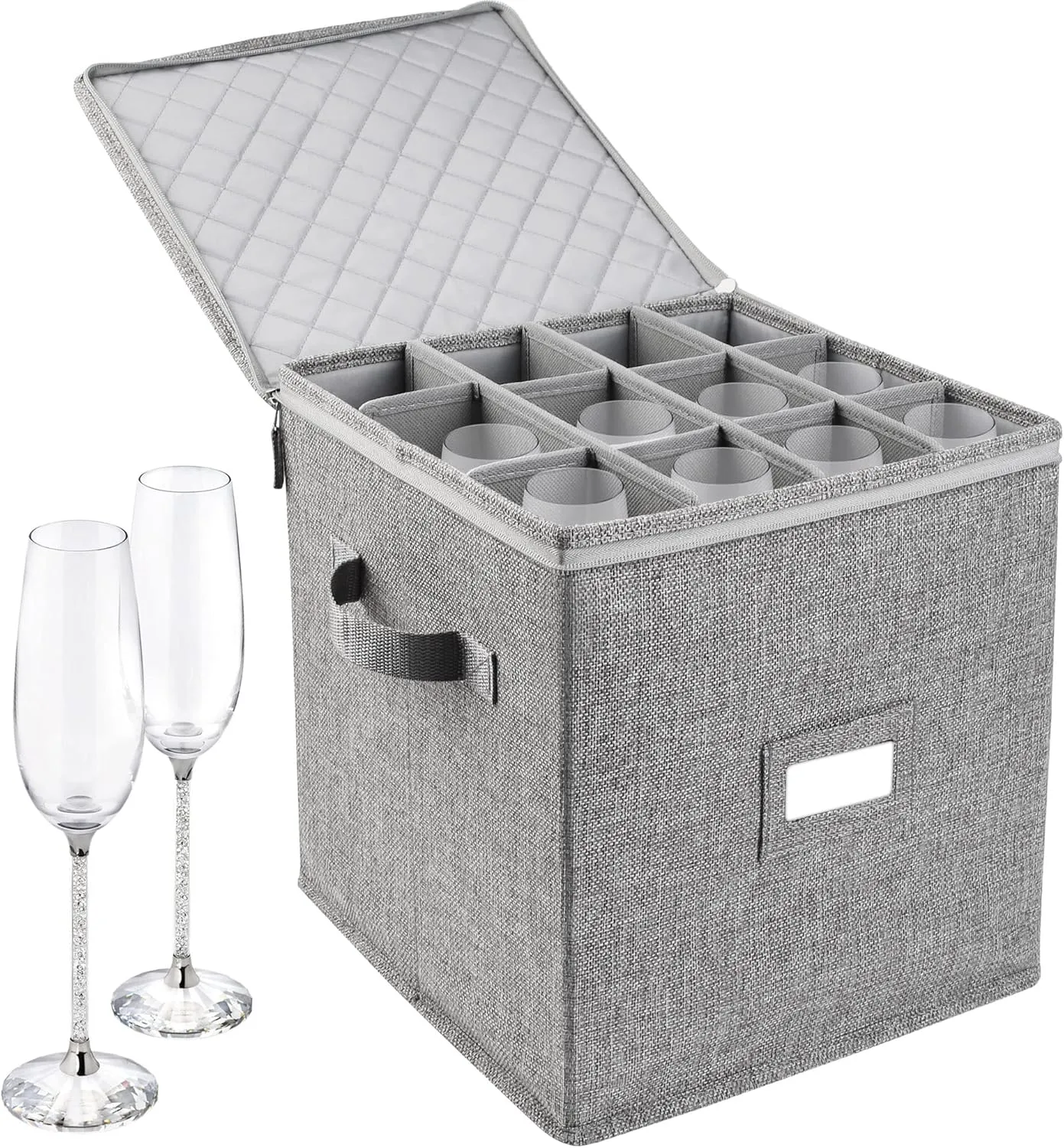 LotFancy Champagne Flute Storage Container, Hard Shell, Stackable, 12" Tall Wine Glass Storage Box with Dividers & Handles, Stemware, Crystal Glassware, Drinkware Case for Moving, Grey