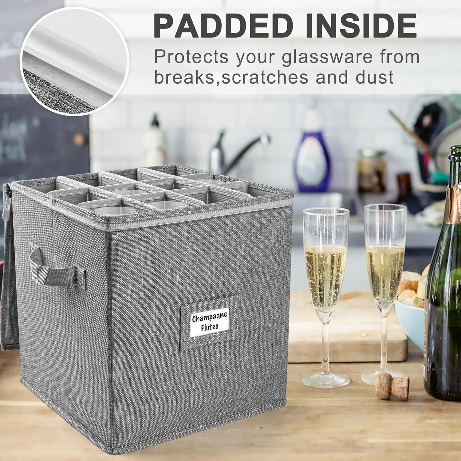 LotFancy Champagne Flute Storage Container, Hard Shell, Stackable, 12" Tall Wine Glass Storage Box with Dividers & Handles, Stemware, Crystal Glassware, Drinkware Case for Moving, Grey