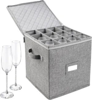 LotFancy Champagne Flute Storage Container, Hard Shell, Stackable, 12" Tall Wine Glass Storage Box with Dividers & Handles, Stemware, Crystal Glassware, Drinkware Case for Moving, Grey