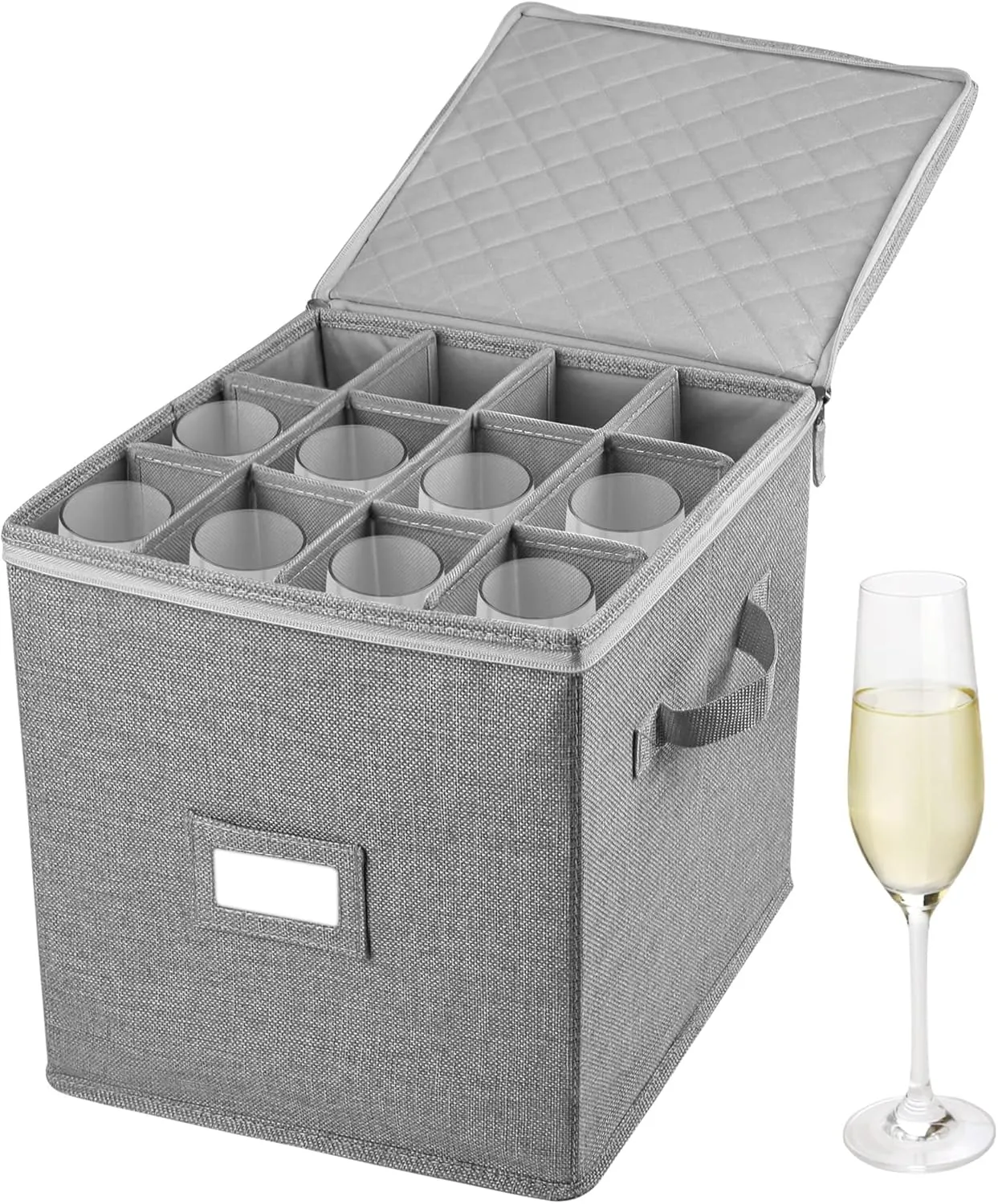 LotFancy Champagne Flute Storage Container, Hard Shell, Stackable, 12" Tall Wine Glass Storage Box with Dividers & Handles, Stemware, Crystal Glassware, Drinkware Case for Moving, Grey