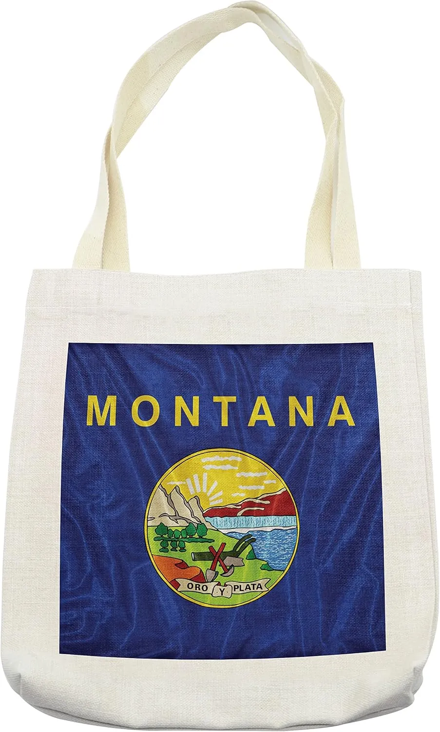 Lunarable American Tote Bag, Montana Flag with a Plow Shovel Pick Rest in a Field by Missouri River, Cloth Linen Reusable Bag for Shopping Books Beach and More, 16.5" X 14", Cream