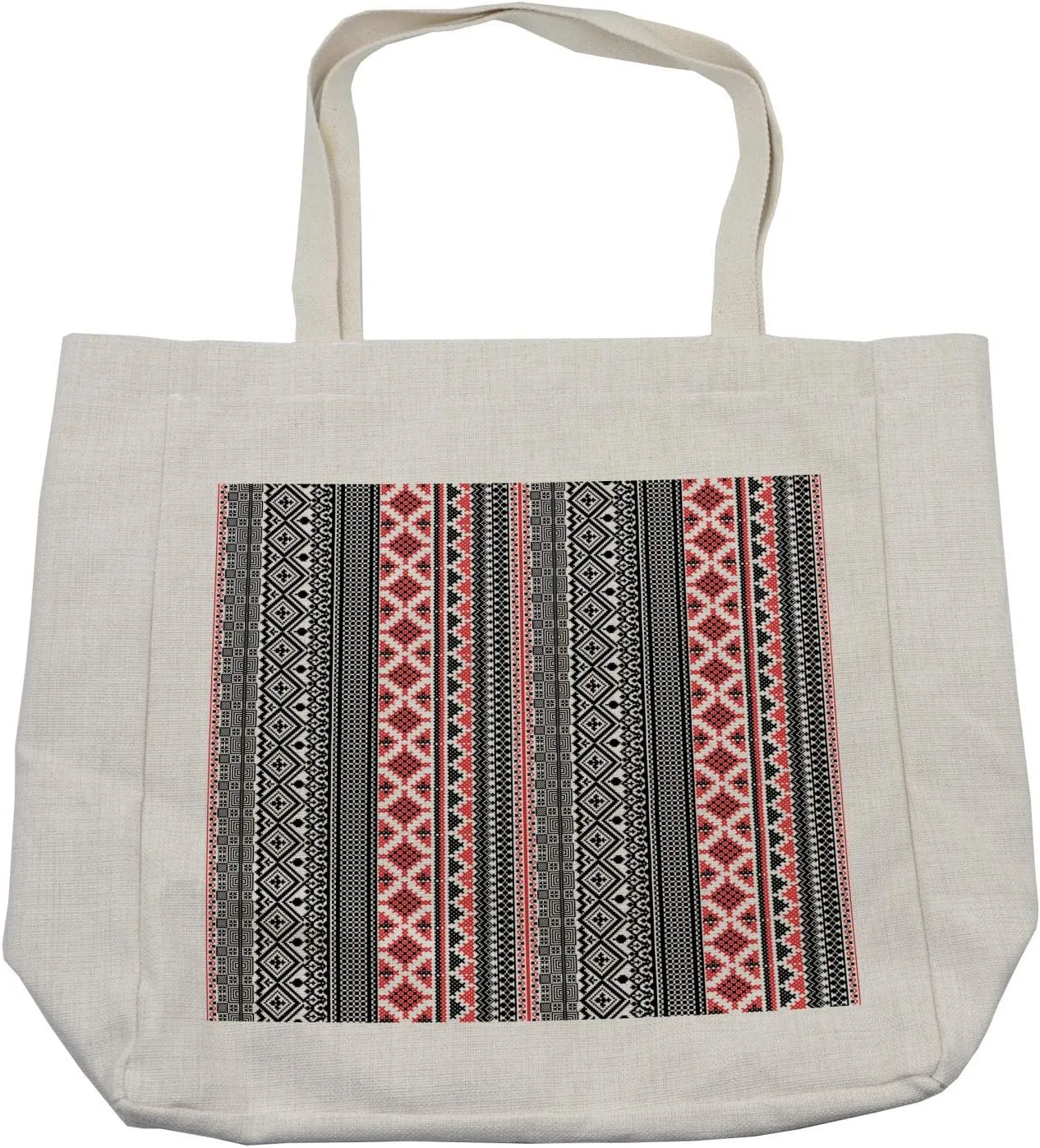 Lunarable Aztec Shopping Bag, Art Historical Civilizations Theme Vertical Stripes with Pattern, Eco-Friendly Reusable Bag for Groceries Beach and More, 15.5" X 14.5", Cream