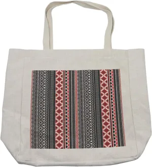 Lunarable Aztec Shopping Bag, Art Historical Civilizations Theme Vertical Stripes with Pattern, Eco-Friendly Reusable Bag for Groceries Beach and More, 15.5" X 14.5", Cream