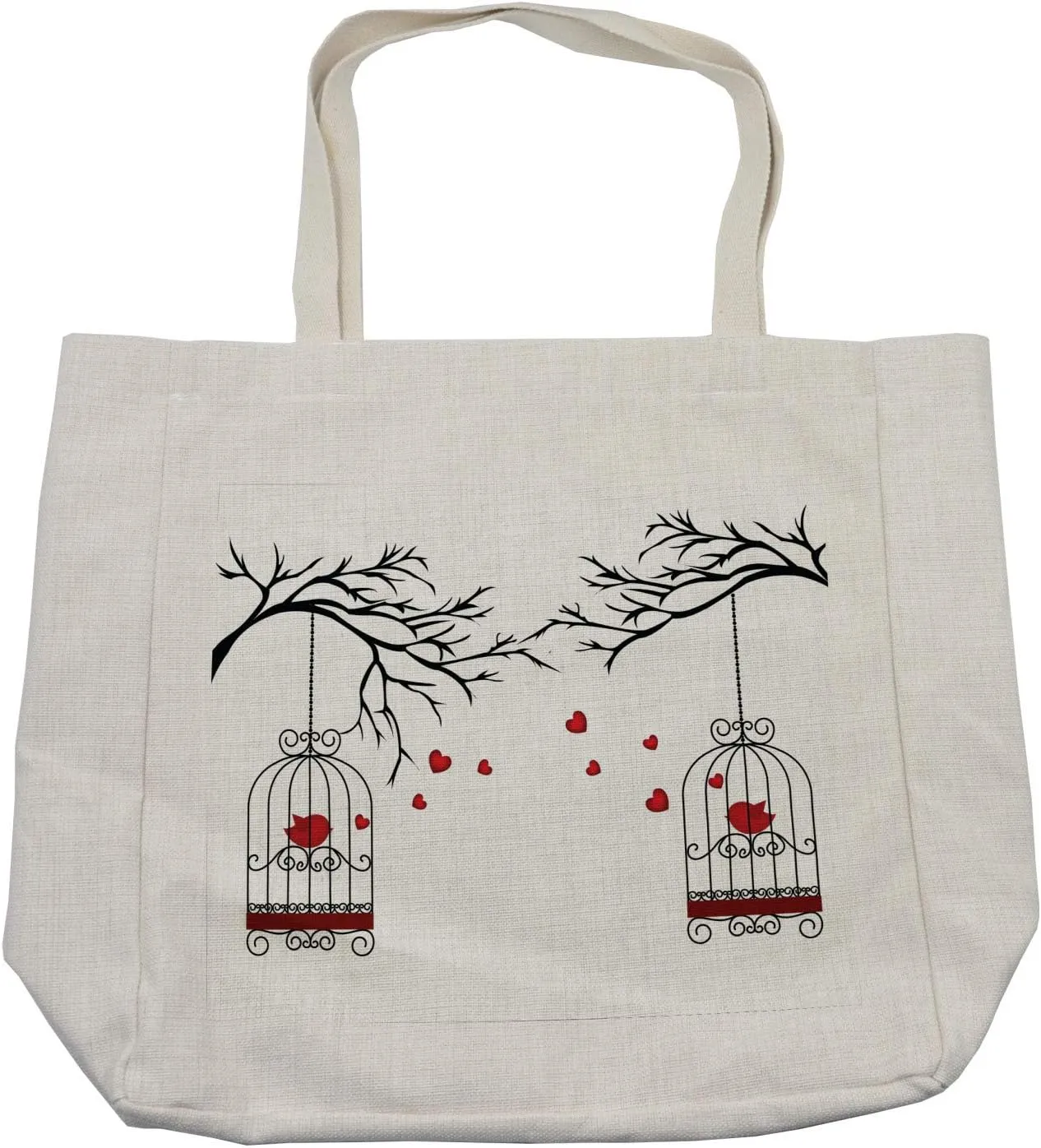 Lunarable Birds Shopping Bag, 2 Lovers in Birdcages Hanging from Branches Impossible Love Theme Illustration, Eco-Friendly Reusable Bag for Groceries Beach and More, 15.5" X 14.5", Cream