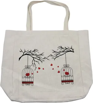 Lunarable Birds Shopping Bag, 2 Lovers in Birdcages Hanging from Branches Impossible Love Theme Illustration, Eco-Friendly Reusable Bag for Groceries Beach and More, 15.5" X 14.5", Cream