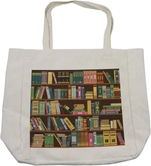 Lunarable Bookcase Shopping Bag, Library Room Accessory Encyclopedia Textbooks Study Reading Research Theme, Eco-Friendly Reusable Bag for Groceries Beach and More, 15.5" X 14.5", Multicolor