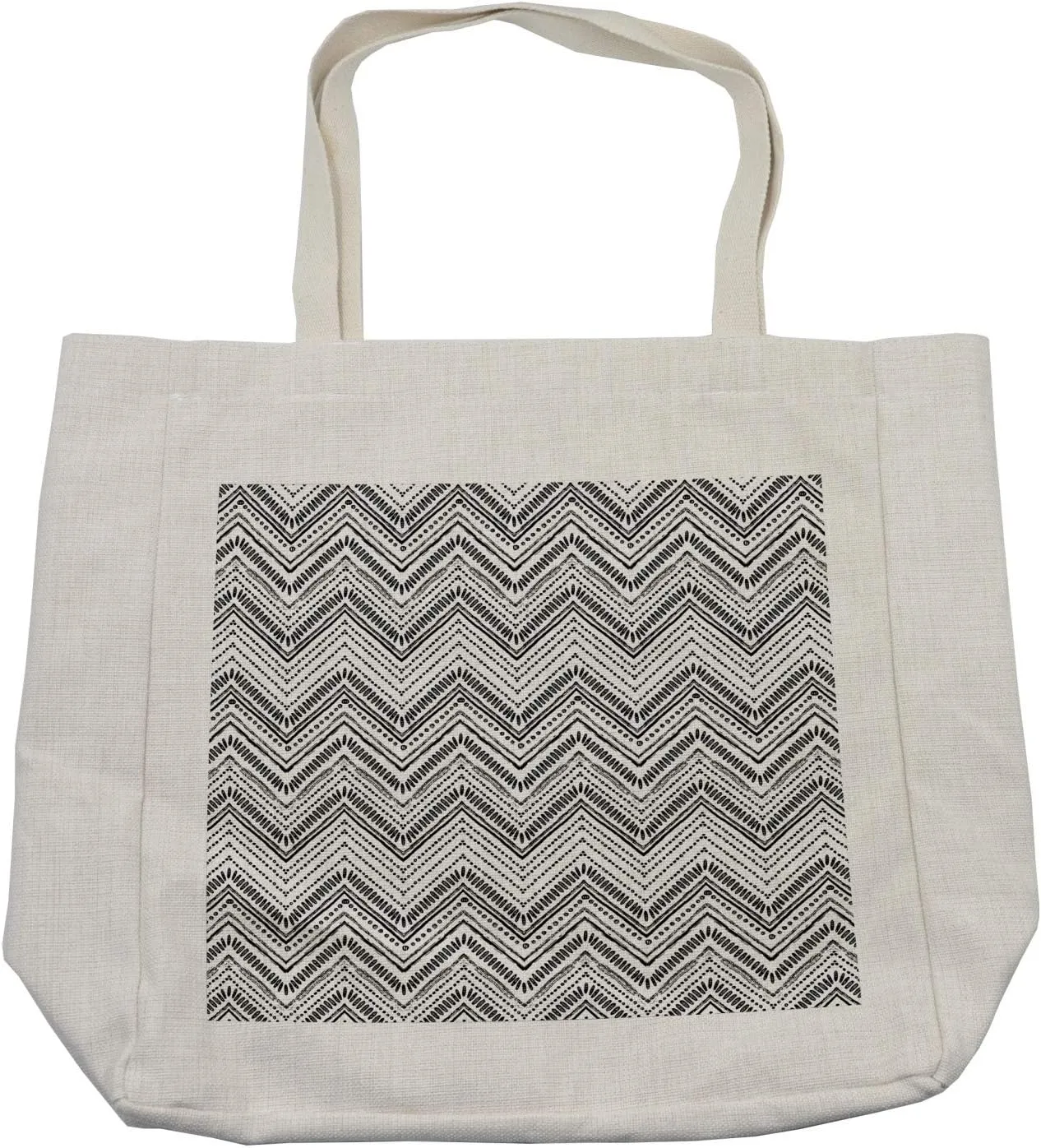 Lunarable Chevron Shopping Bag, Monochrome Line Art Civilizations Elements Hand Drawn Sketch Style, Eco-Friendly Reusable Bag for Groceries Beach and More, 15.5" X 14.5", Cream