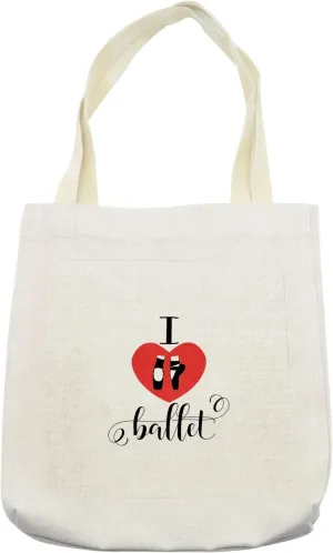 Lunarable Dance Tote Bag, I Love Ballet Phrase with Ballerina Feet Inside a Heart Modern Print, Cloth Linen Reusable Bag for Shopping Books Beach and More, 16.5" X 14", Cream