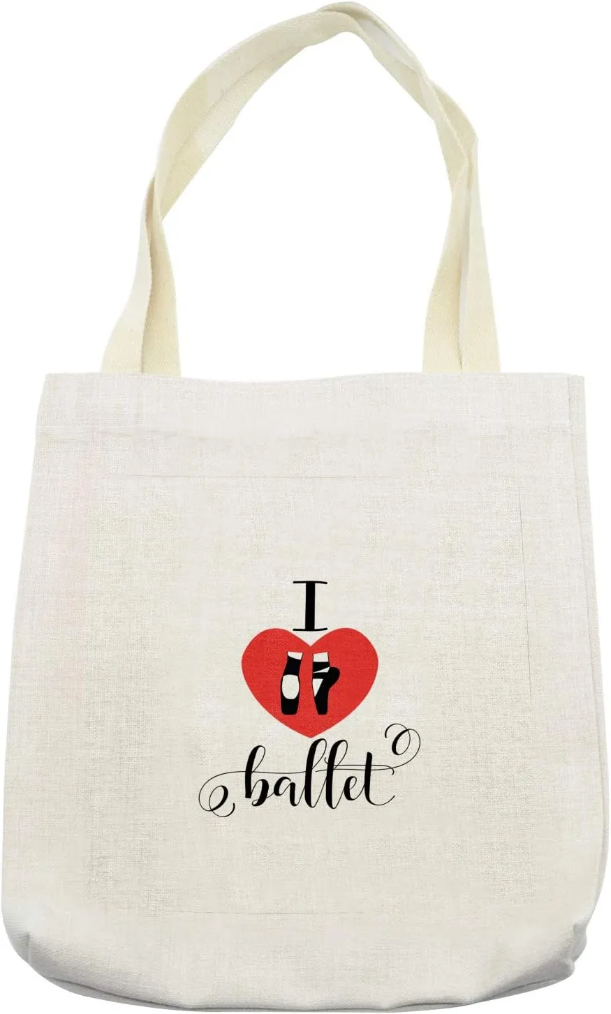 Lunarable Dance Tote Bag, I Love Ballet Phrase with Ballerina Feet Inside a Heart Modern Print, Cloth Linen Reusable Bag for Shopping Books Beach and More, 16.5" X 14", Cream