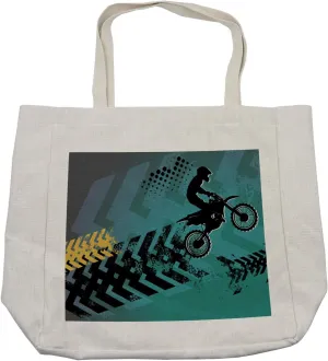 Lunarable Dirt Bike Shopping Bag, Extreme Sports Theme Stunt Racer Silhouette with Grunge Arrows, Eco-Friendly Reusable Bag for Groceries Beach and More, 15.5" X 14.5", Cream