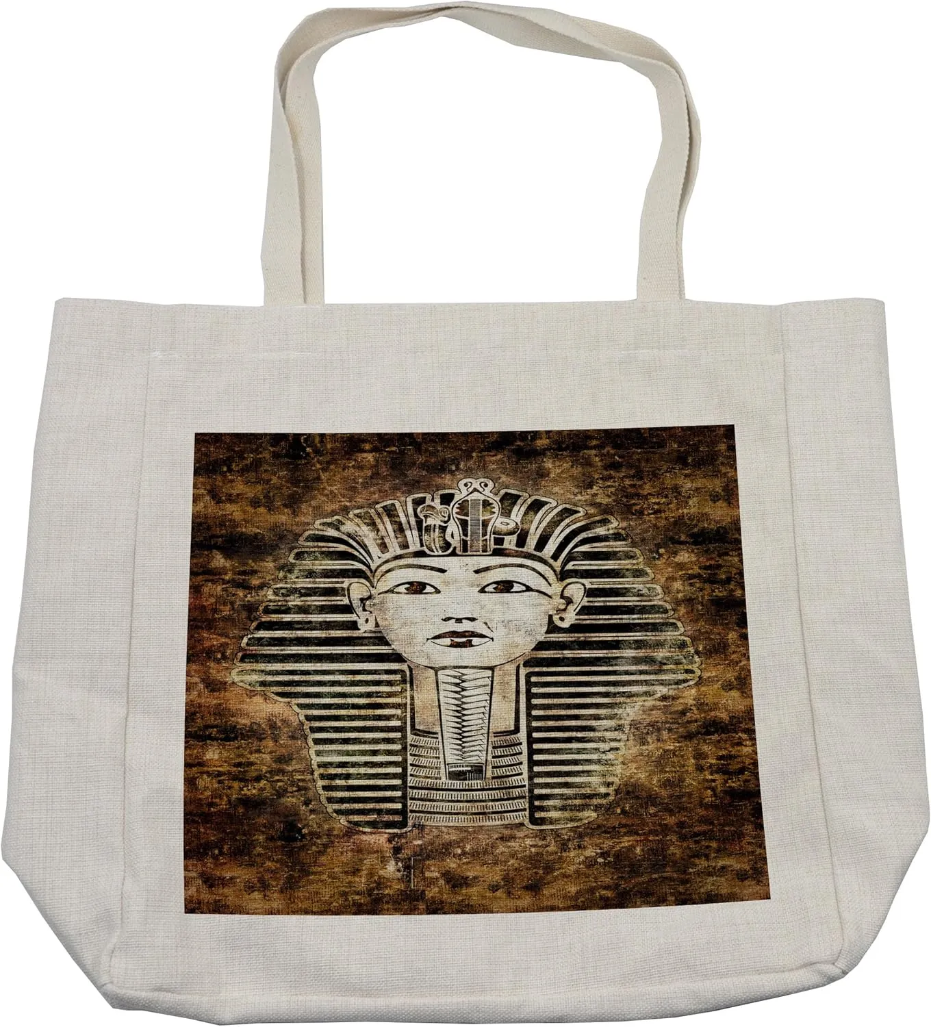 Lunarable Egypt Shopping Bag, Prehistoric Pharaoh King Mummy Head Image with Abstract Image, Eco-Friendly Reusable Bag for Groceries Beach and More, 15.5" X 14.5", Cream