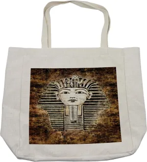 Lunarable Egypt Shopping Bag, Prehistoric Pharaoh King Mummy Head Image with Abstract Image, Eco-Friendly Reusable Bag for Groceries Beach and More, 15.5" X 14.5", Cream
