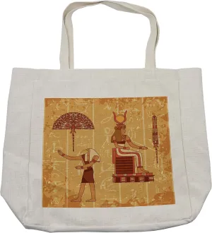 Lunarable Egyptian Print Shopping Bag, Hieroglyph with Historical Featured Vintage Design, Eco-Friendly Reusable Bag for Groceries Beach and More, 15.5" X 14.5", Cream