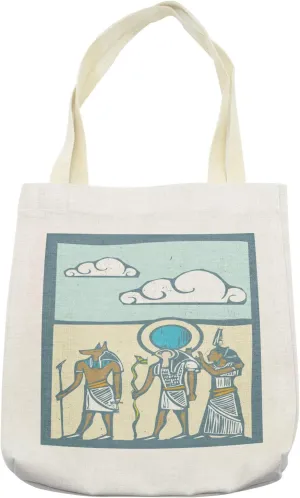 Lunarable Egyptian Print Tote Bag, Grungy of Egypt Timeless Characters Afterlife with Cloud Background, Cloth Linen Reusable Bag for Shopping Books Beach and More, 16.5" X 14", Cream