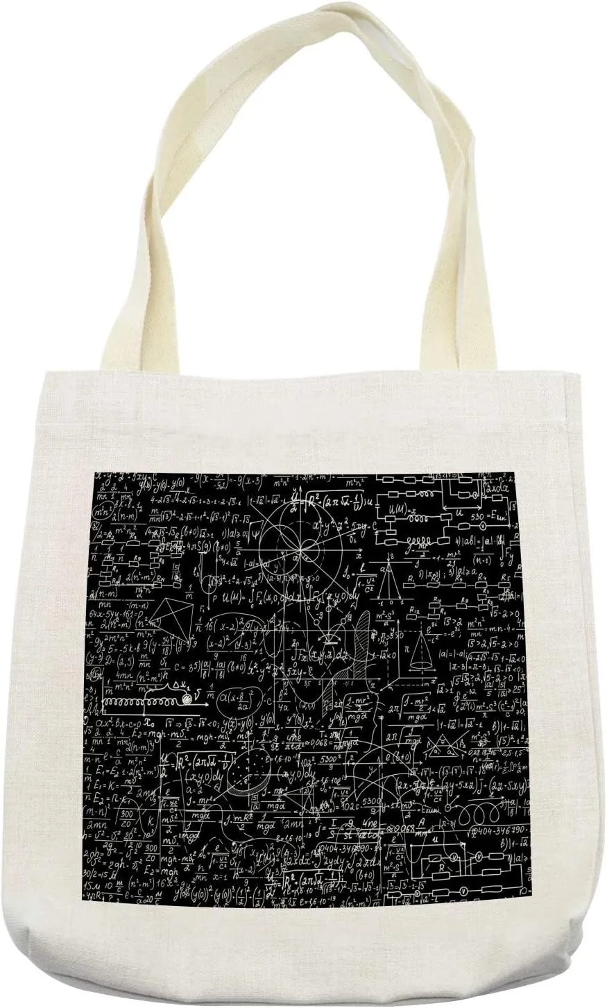Lunarable Equations Tote Bag, Complex and Chaotic Mathematical Calculations Shuffled Together Pattern, Cloth Linen Reusable Bag for Shopping Books Beach and More, 16.5" X 14", Cream