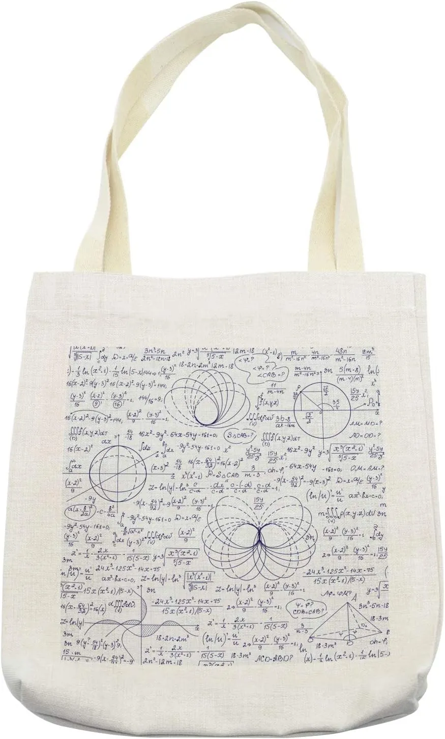 Lunarable Equations Tote Bag, Room Concept Pattern with Math Calculations on Notebook, Cloth Linen Reusable Bag for Shopping Books Beach and More, 16.5" X 14", Indigo Pale Ceil Blue