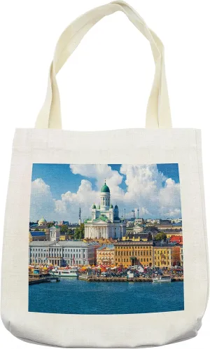 Lunarable European Tote Bag, Scenic Summer of the Market Square Old Town Helsinki Finnish Northern Skyline, Cloth Linen Reusable Bag for Shopping Books Beach and More, 16.5" X 14", Cream