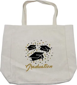 Lunarable Graduation Shopping Bag, Academy Achievement Bachelor Theme Thrown Caps Tassels Vibrant Stars, Eco-Friendly Reusable Bag for Groceries Beach and More, 15.5" X 14.5", Cream