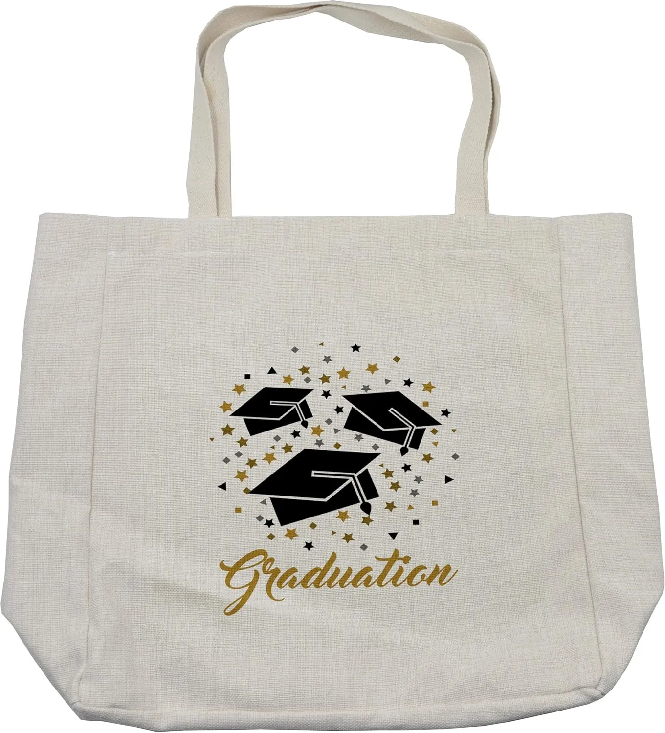 Lunarable Graduation Shopping Bag, Academy Achievement Bachelor Theme Thrown Caps Tassels Vibrant Stars, Eco-Friendly Reusable Bag for Groceries Beach and More, 15.5" X 14.5", Cream