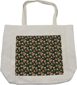 Lunarable Hibiscus Shopping Bag, Interpretation of Colorful Botanical Scene with Hummingbirds, Eco-Friendly Reusable Bag for Groceries Beach and More, 15.5" X 14.5", Cream