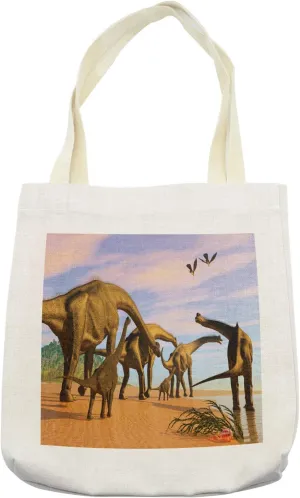 Lunarable Jurassic Tote Bag, Pattern of Brachiosaurus Herd Walking down a Wet Sandy Beach, Cloth Linen Reusable Bag for Shopping Books Beach and More, 16.5" X 14", Cream