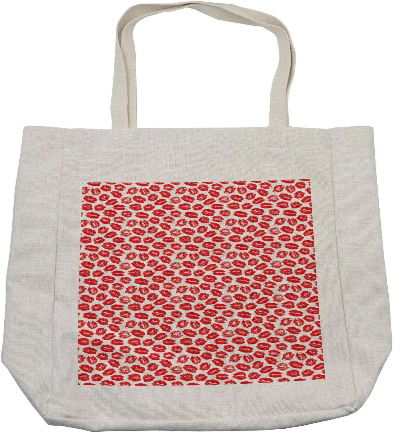 Lunarable Kiss Shopping Bag, Rhythmic Make up Red Luscious Lips Lipstick Imprint Illustration, Eco-Friendly Reusable Bag for Groceries Beach and More, 15.5" X 14.5", Cream