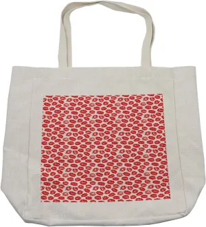 Lunarable Kiss Shopping Bag, Rhythmic Make up Red Luscious Lips Lipstick Imprint Illustration, Eco-Friendly Reusable Bag for Groceries Beach and More, 15.5" X 14.5", Cream