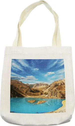 Lunarable Landscape Tote Bag, Crater Looking Lake Barren Pamir Mountainssiin Hot Summer Day, Cloth Linen Reusable Bag for Shopping Books Beach and More, 16.5" X 14", Cream